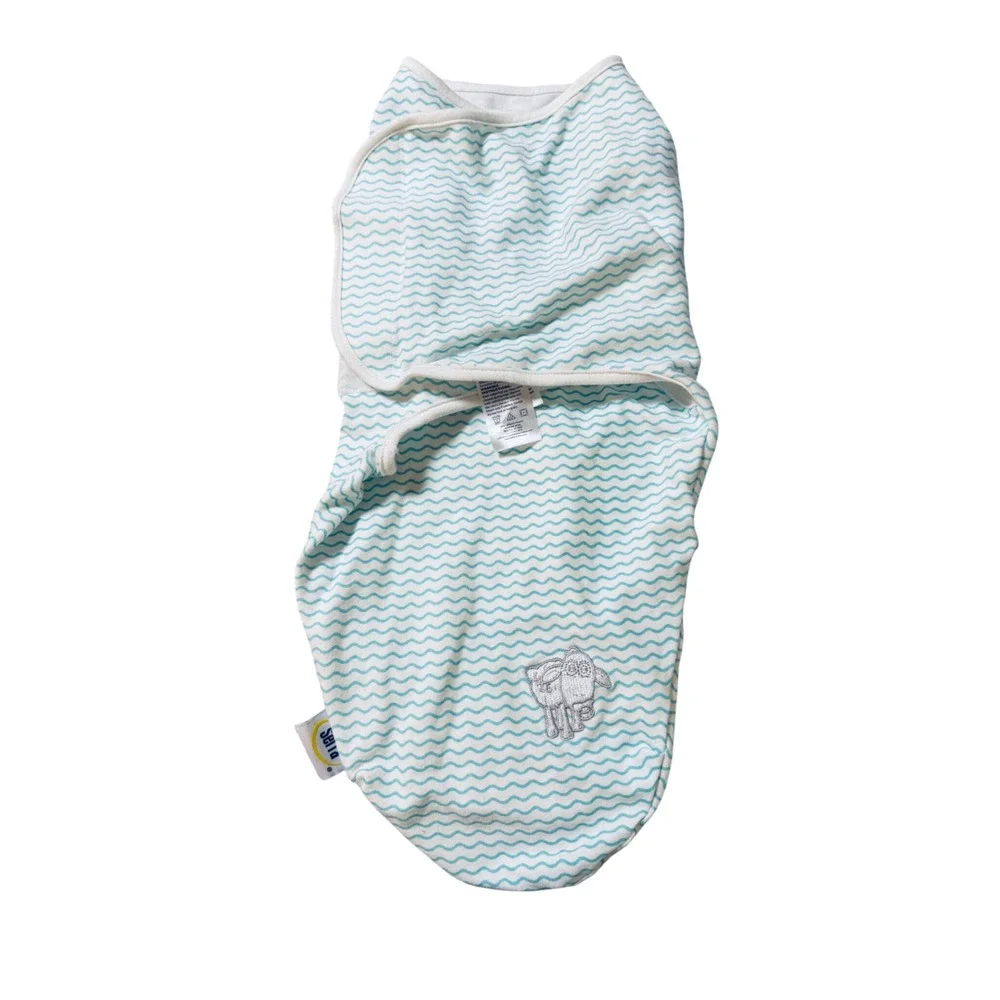 NWOT Serta 100% Cotton Swaddle Blue White Wave Embroidered Sheep Size Large